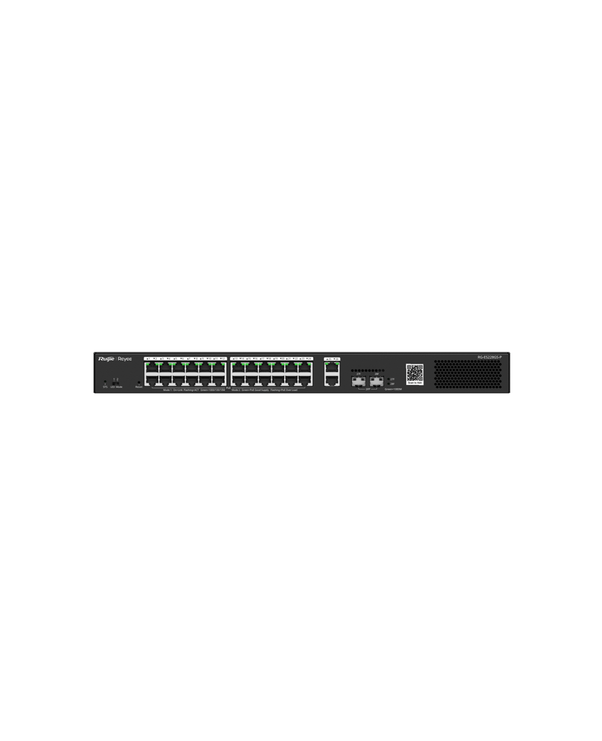 Switch 24 GE PoE+ / 2GE + 2SFP uplink, 370W 4KV Vlan, Loop prevention, Remote Boot, Cloud, REYEE RG-ES228GS-P