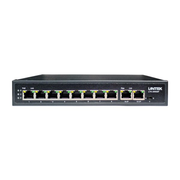 Switch PoE 8FE + 2GE, 1 y 2 60W, 3-8 30W(802.3at) 120W 6KV LR hasta 250Mtrs, LANTEK LTK-SW08P