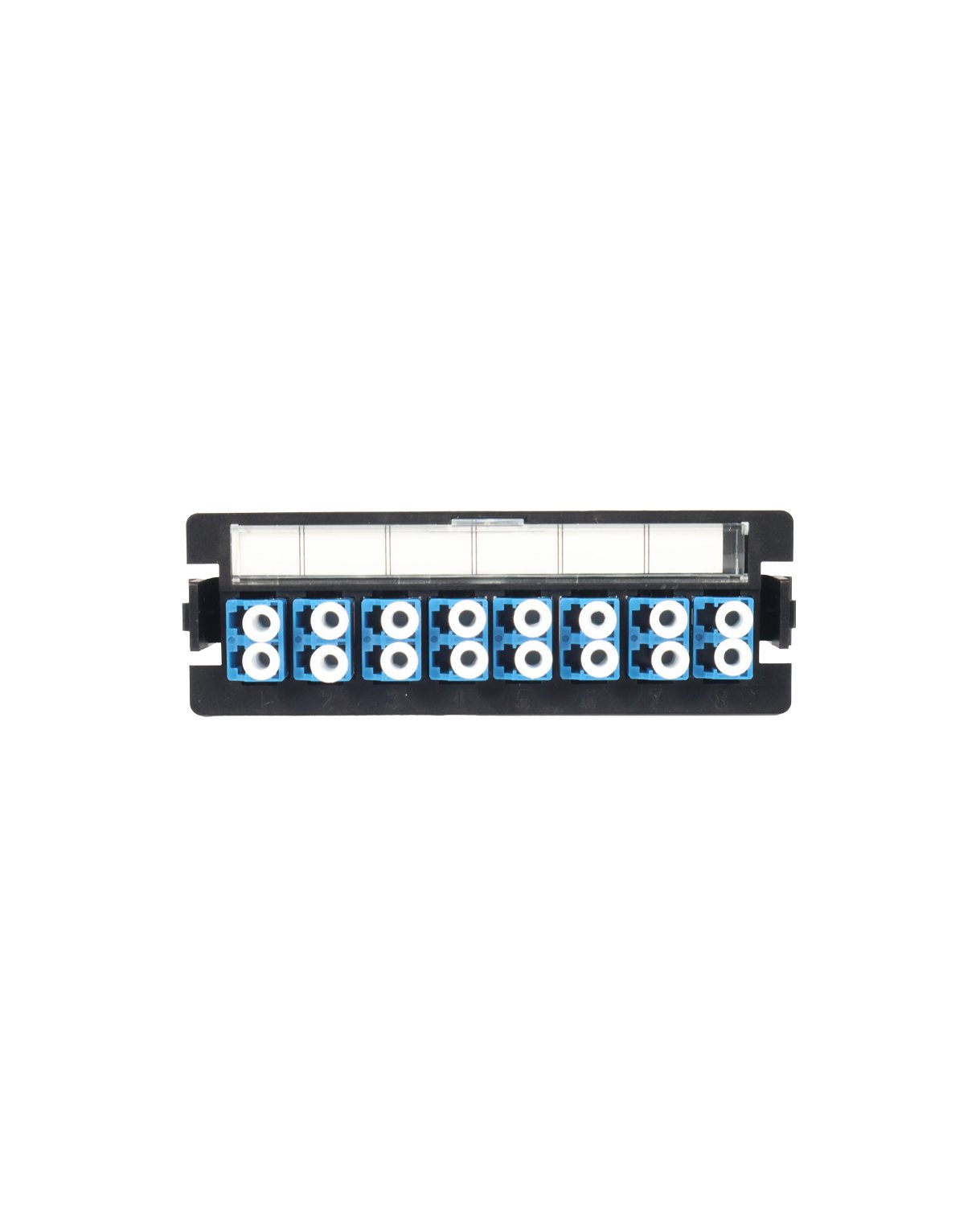 Placa para bandeja de fibra con 8 adaptadores FO monomodo LC/UPC SM DUPLEX2881 Frente Placa para bandeja de fibra con 8 adaptadores FO monomodo LC/UPC SM DUPLEX