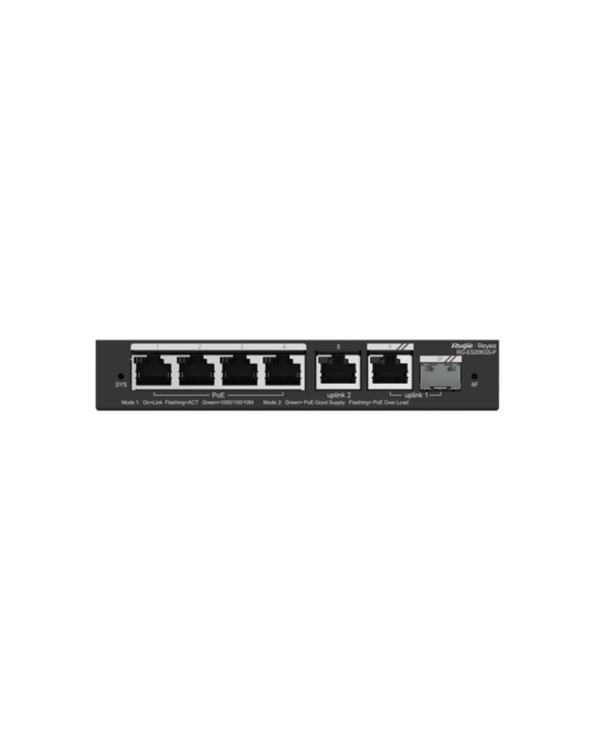 Switch 4 GE PoE+ / 2GE + 1SFP (combo) uplink , 54W 6KV Vlan, Loop prevention, Remote Boot, Cloud, RUIJIE RG-ES206GS-P