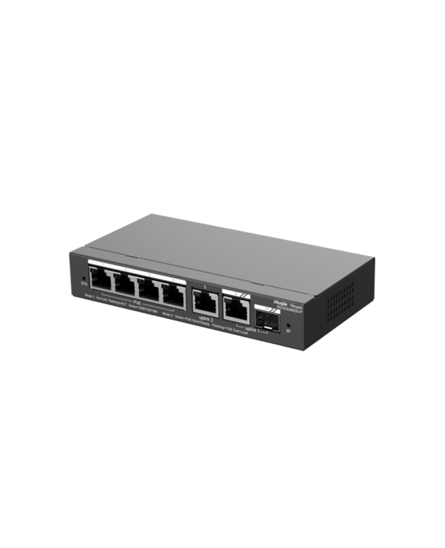 Switch 4 GE PoE+ / 2GE + 1SFP (combo) uplink , 54W 6KV Vlan, Loop prevention, Remote Boot, Cloud, RUIJIE RG-ES206GS-P
